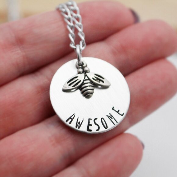 Bee Awesome - Hand Stamped Pendant Necklace - 18" Chain - Handmade - Picture 4 of 5